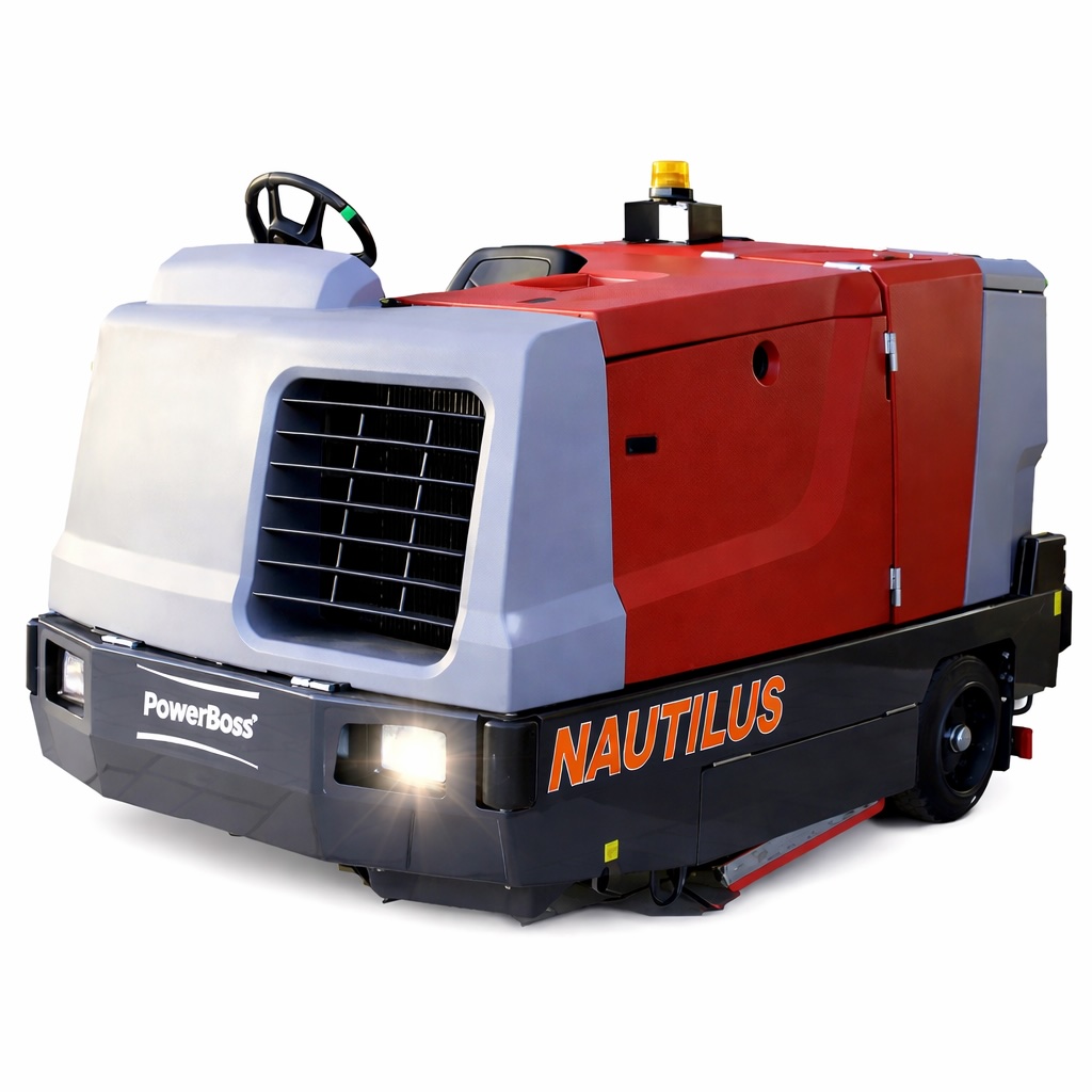 PowerBoss Nautilus Diesel industrial ride-on scrubber-sweeper with 400L tanks and Kubota engine.