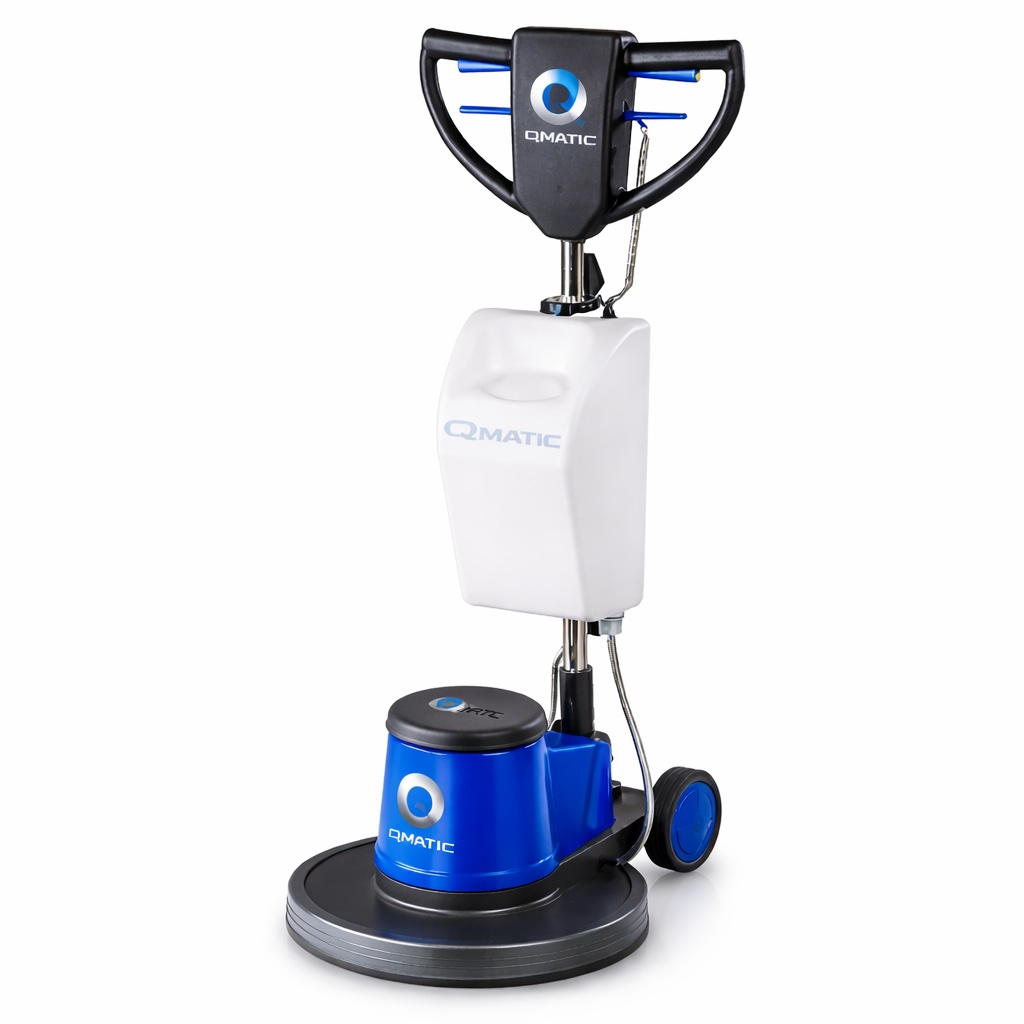 QMATIC C43 HD 17-inch heavy duty single disc floor scrubber with 1.5hp motor and 10L tank.